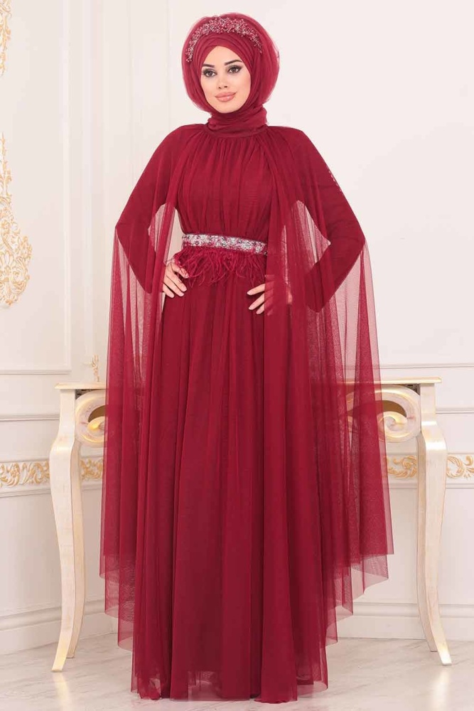 Claret Red Hijab Evening Dress 3906BR - 1