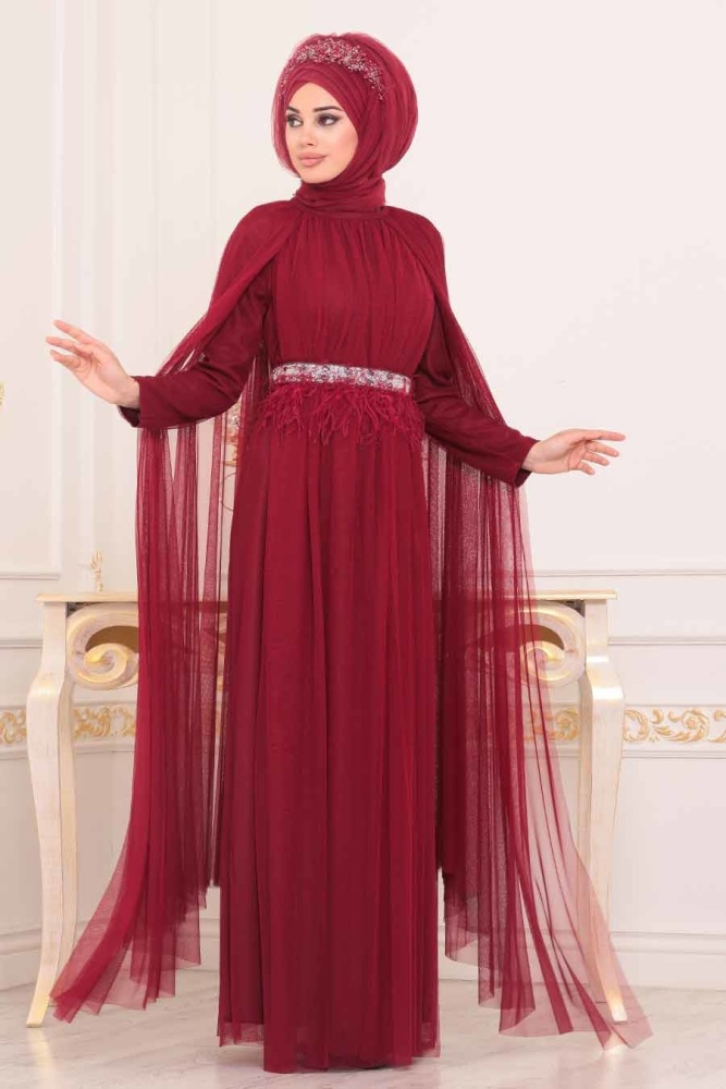 Claret Red Hijab Evening Dress 3906BR - 2