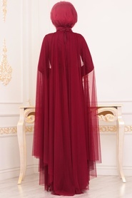 Claret Red Hijab Evening Dress 3906BR - Thumbnail