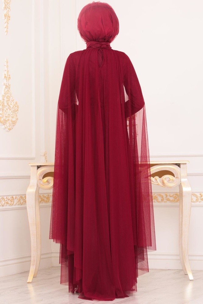 Claret Red Hijab Evening Dress 3906BR - 3