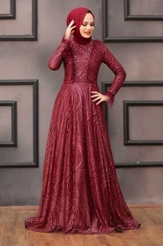 Claret Red Hijab Evening Dress 39430BR - Thumbnail