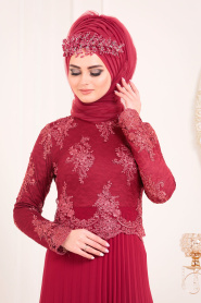 Claret Red Hijab Evening Dress 8504BR - Thumbnail