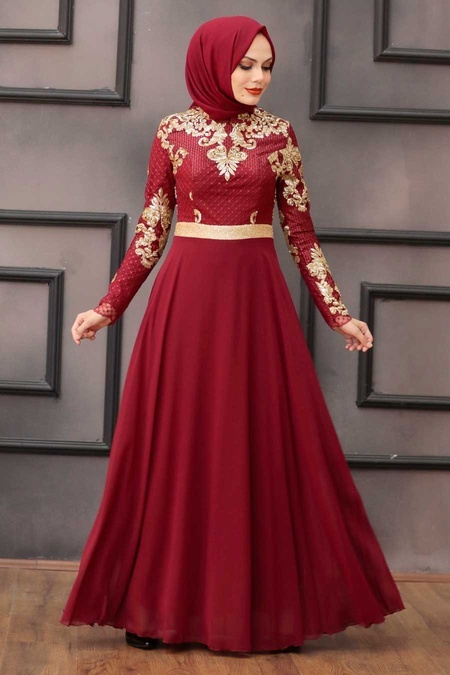 Claret Red Hijab Evening Dress 75790BR