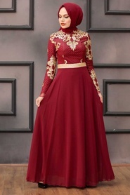 Claret Red Hijab Evening Dress 75790BR - Thumbnail