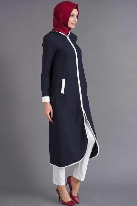 Coat - Navy Blue Hijab Coat 6111L - 2