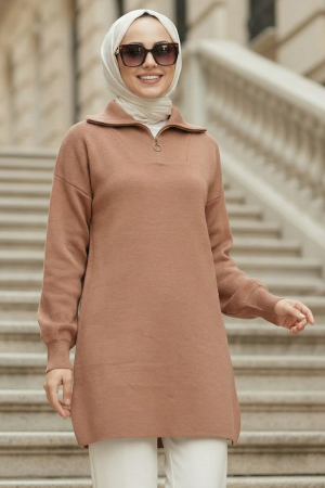 Collar Zip-Front Biscuit Modest Knit Sweater 10912BS 