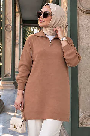 Collar Zip-Front Biscuit Modest Knit Sweater 10912BS 