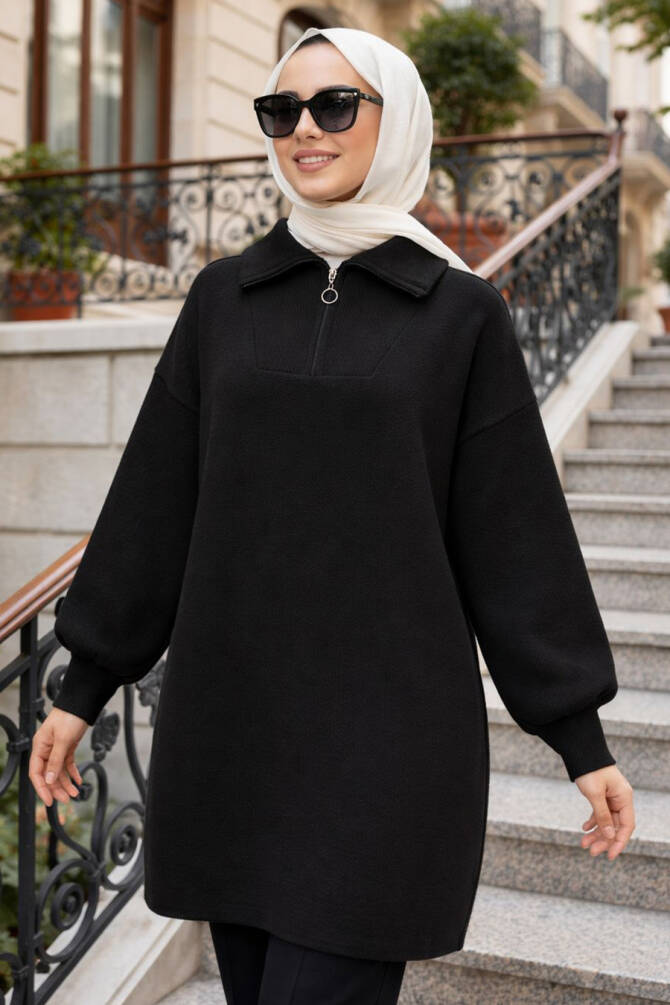 Collar Zip-Front Black Modest Knit Sweater 10912S - 1