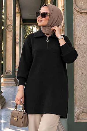 Collar Zip-Front Black Modest Knit Sweater 10912S 