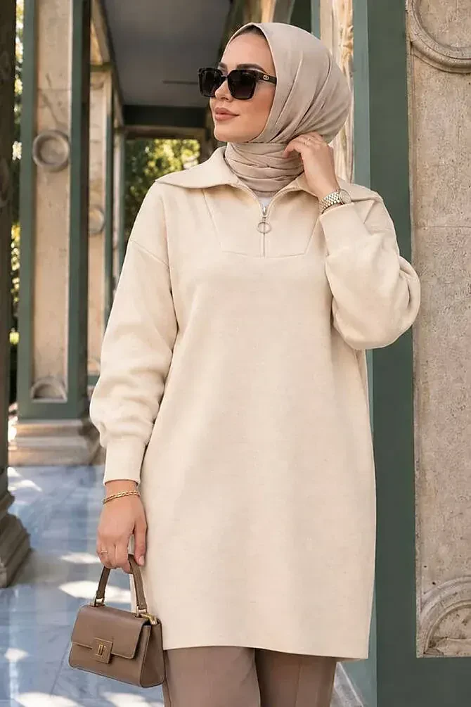 Collar Zip-Front Cream Modest Knit Sweater 10912KR - 1