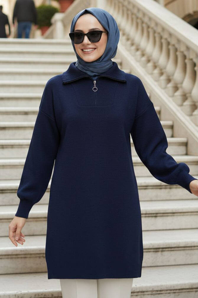 Collar Zip-Front Navy Blue Modest Knit Sweater 10912L - 1