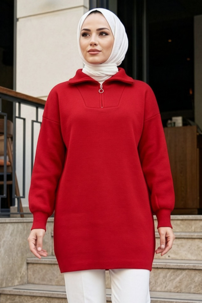 Collar Zip-Front Red Modest Knit Sweater 10912K - 1
