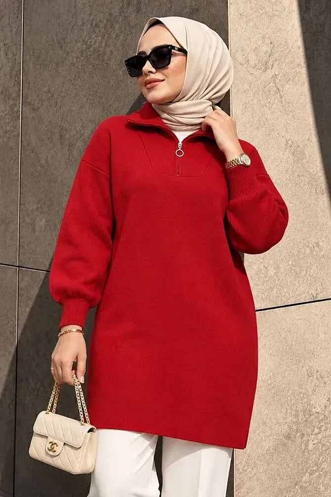 Collar Zip-Front Red Modest Knit Sweater 10912K - 1