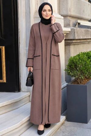 Contrast Trim-Detail Pocketed Biscuit Modest Knit Cardigan 40029BS 