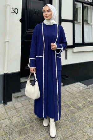 Contrast Trim-Detail Pocketed Navy Blue Modest Knit Cardigan 40029L 