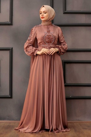 Neva Style - Elegant Cooper Muslim Fashion Evening Dress 2212BKR - Thumbnail