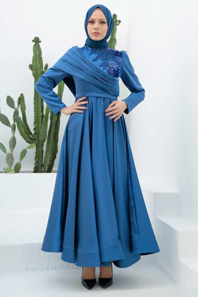 Neva Style - Satin İndigo Blue Islamic Clothing Wedding Dress 22183IM - 1