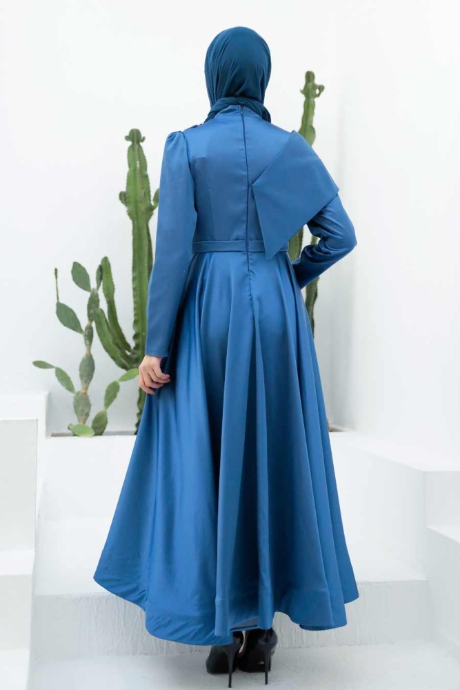 Neva Style - Satin İndigo Blue Islamic Clothing Wedding Dress 22183IM - 2