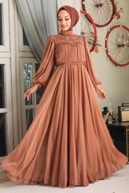 Copper Color Hijab Evening Dress 40560BKR - Thumbnail