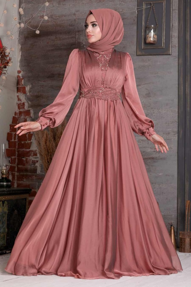 Neva Style - Luxorious Copper Hijab Evening Dress 21540BKR - 1