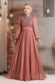 Copper Hijab Evening Dress 2155BKR - Thumbnail