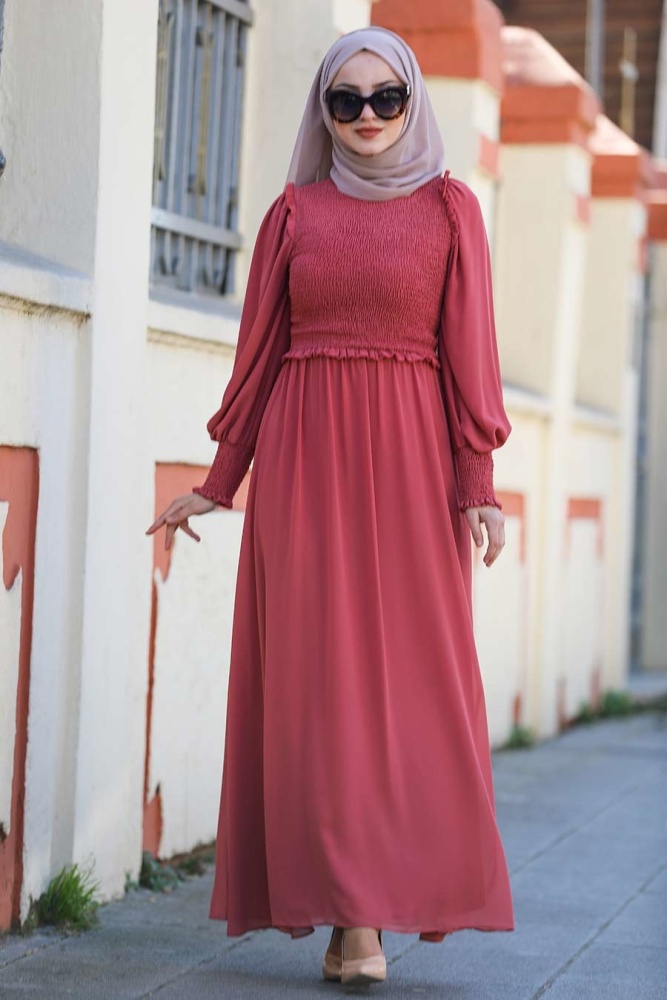 Coral Color Hijab Evening Dress 22174MR - 1
