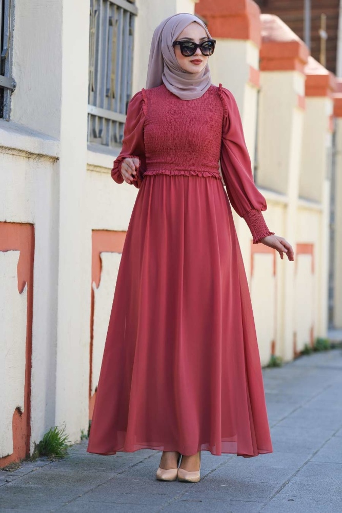 Coral Color Hijab Evening Dress 22174MR - 2