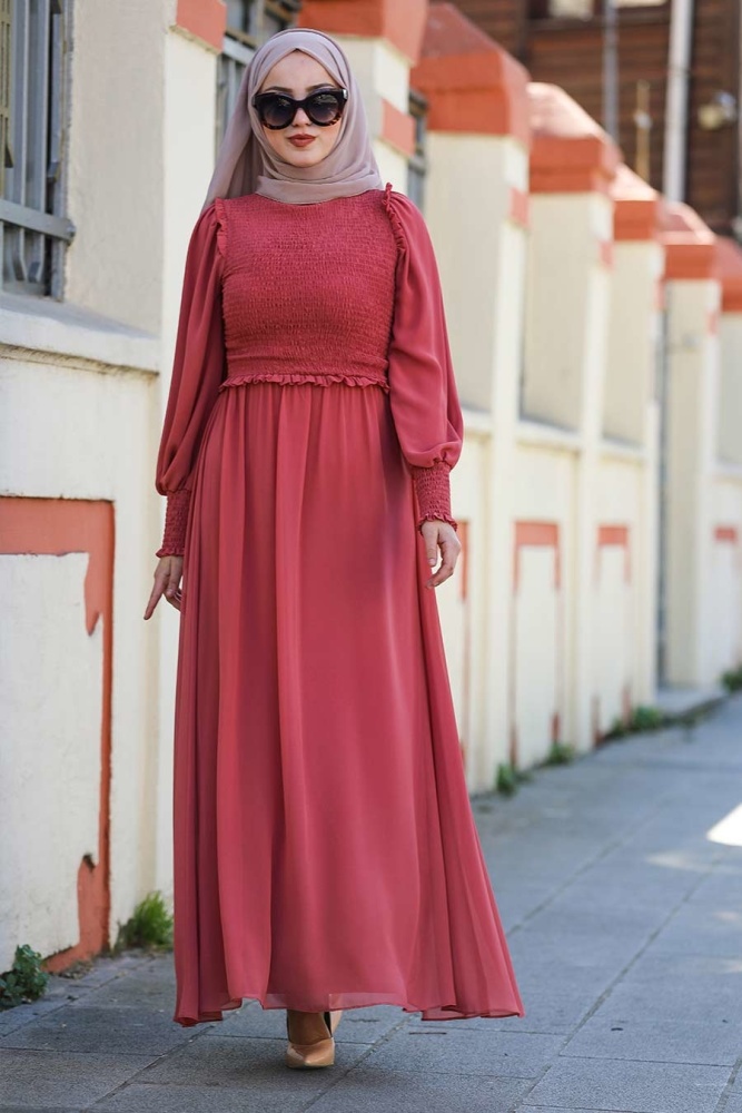 Coral Color Hijab Evening Dress 22174MR - 3