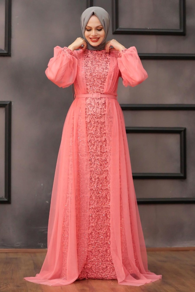 Neva Style - Luxorious Coral Islamic Evening Gown 5383MR - 1