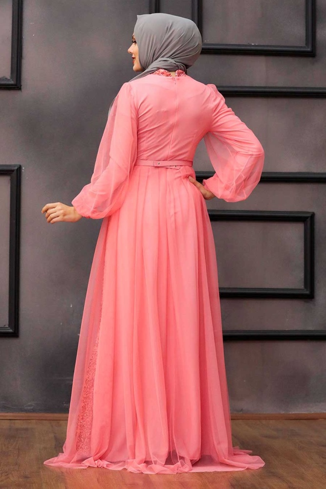 Neva Style - Luxorious Coral Islamic Evening Gown 5383MR - 2