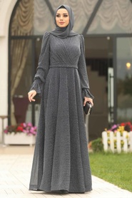 Couleur Argent - Tesettürlü Abiye Elbise - Robe de Soirée Hijab - 3966GMS - Thumbnail