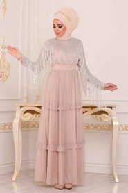Couleur Buscuit - Tesettürlü Abiye Elbise - Robe de Soirée Hijab - 3823BS - Thumbnail