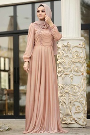 Couleur Buscuit - Tesettürlü Abiye Elbise - Robe de Soirée Hijab - 39490BS - Thumbnail