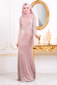 Couleur Cuivre-Tesettürlü Abiye Elbise - Robe de Soirée Hijab 3277BKR - Thumbnail