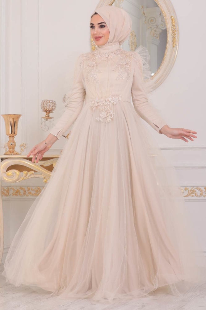 Cream Hijab Evening Dress 40781KR - 1