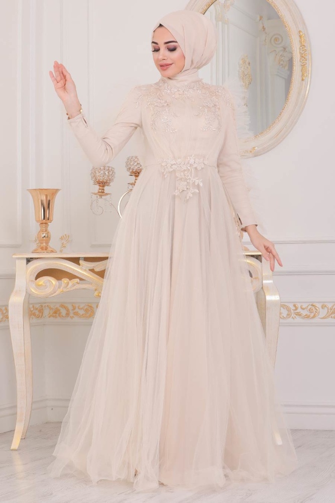 Cream Hijab Evening Dress 40781KR - 2