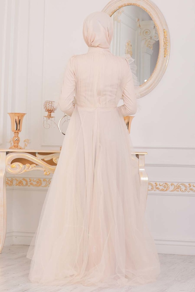 Cream Hijab Evening Dress 40781KR - 3