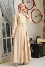 Crem Hijab Evening Dress 11721KR - Thumbnail