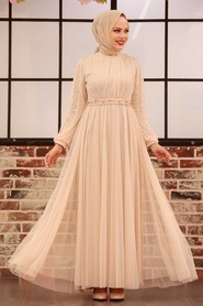 Neva Style - Modern Crem Islamic Clothing Evening Gown 5514KR - Thumbnail