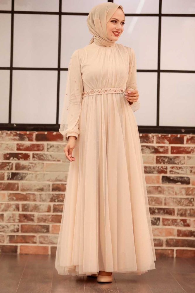 Neva Style - Modern Crem Islamic Clothing Evening Gown 5514KR - 2