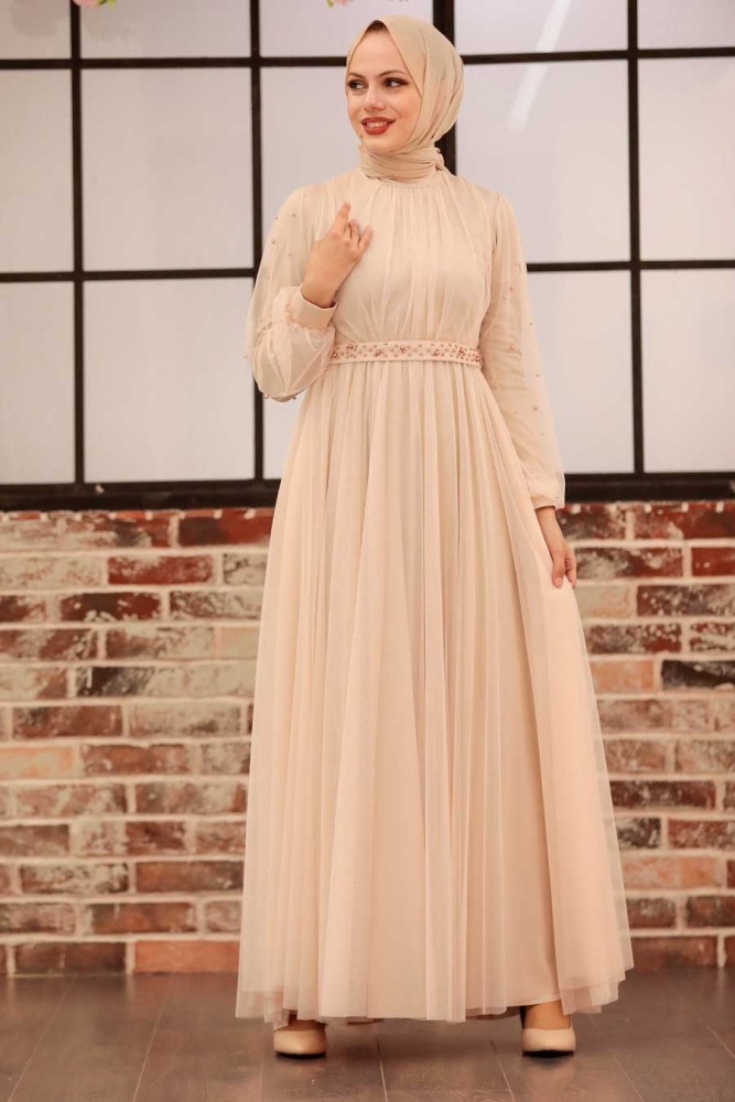 Neva Style - Modern Crem Islamic Clothing Evening Gown 5514KR - 3