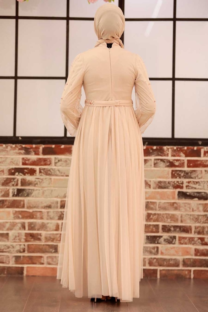 Neva Style - Modern Crem Islamic Clothing Evening Gown 5514KR - 4