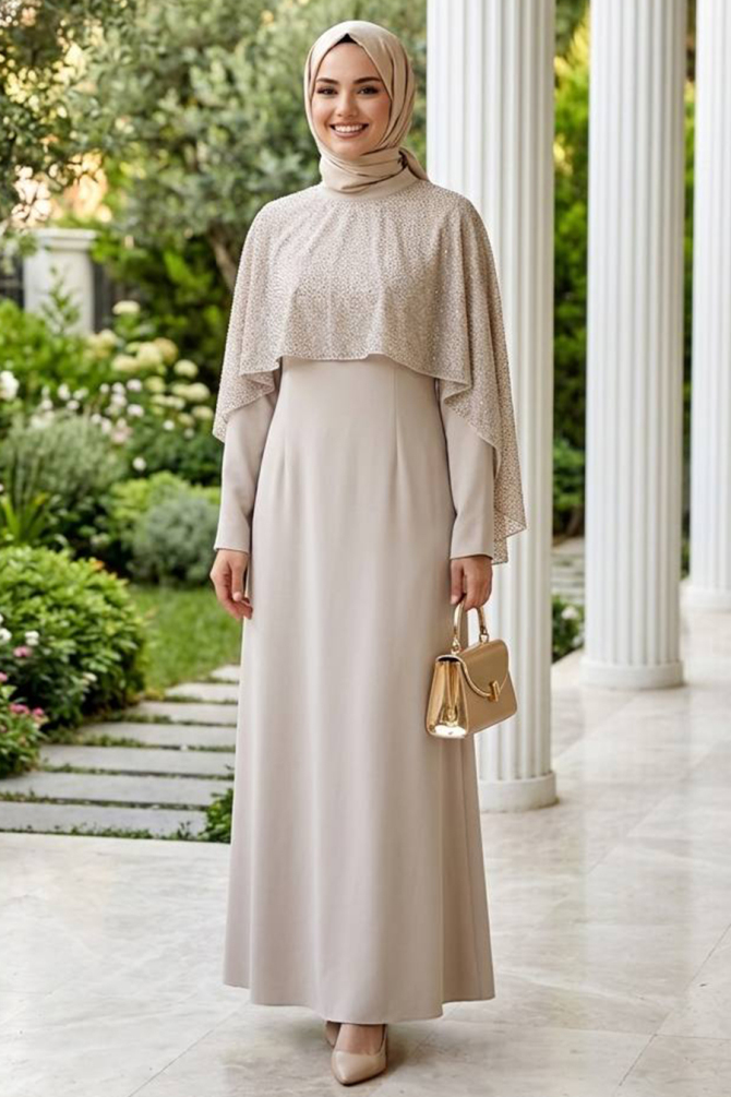 Crepe Beige Stone Embroidered Pelerinli Modest Evening Dress 95711BEJ - 2
