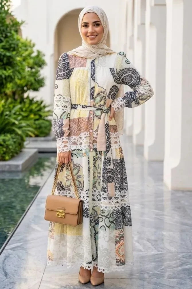 Crepe Black Dantel Detailed Patterned Modest Dress 95718S - 1