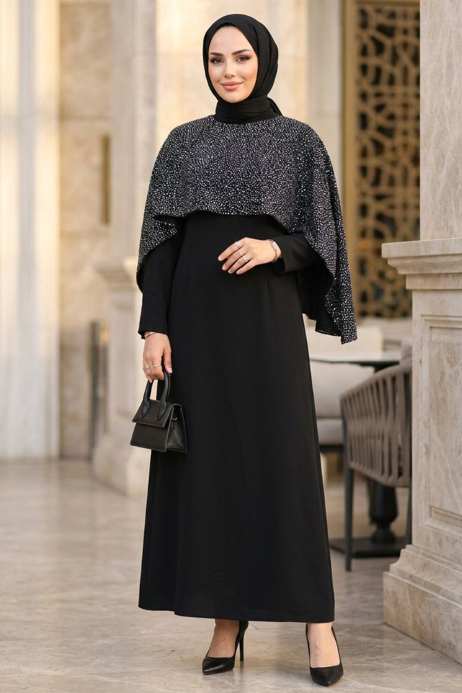 Crepe Black Stone Embroidered Pelerinli Modest Evening Dress 95711S - 2