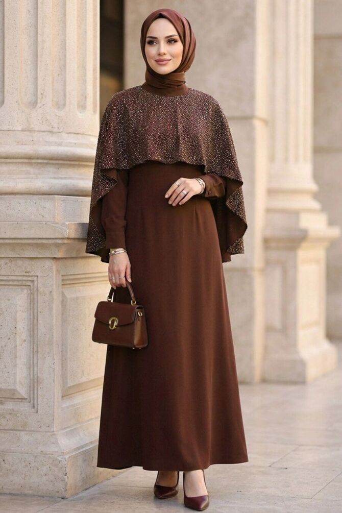 Crepe Brown Stone Embroidered Pelerinli Modest Evening Dress 95711KH - 1