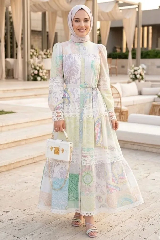 Crepe Green Dantel Detailed Patterned Modest Dress 95718Y - 1