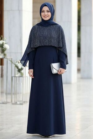 Crepe Navy Blue Stone Embroidered Pelerinli Modest Evening Dress 95711L - 1