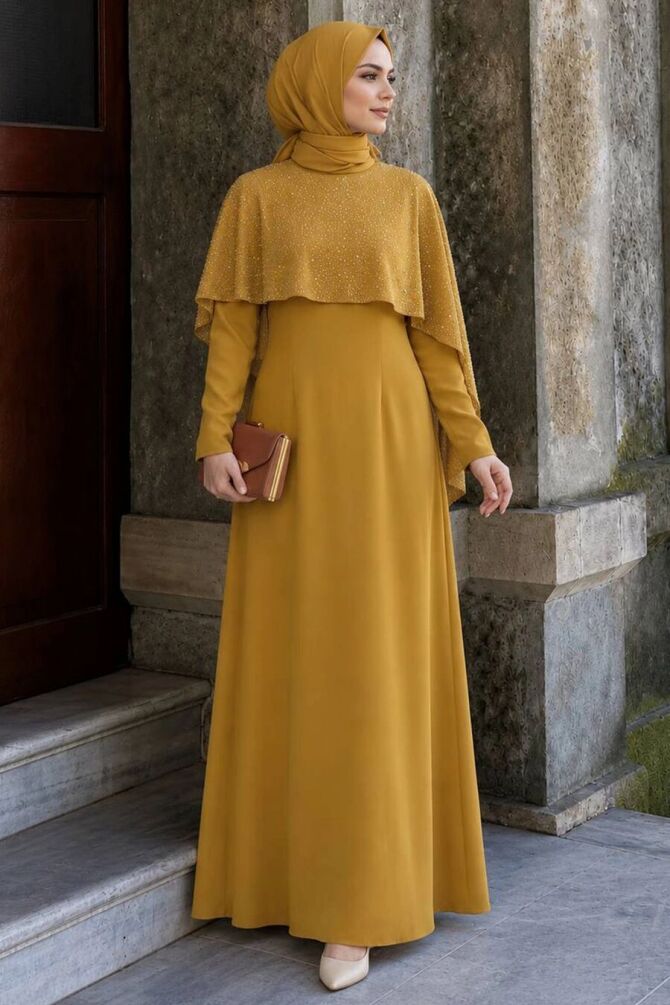 Crepe Oil Green Stone Embroidered Pelerinli Modest Evening Dress 95711YY - 1