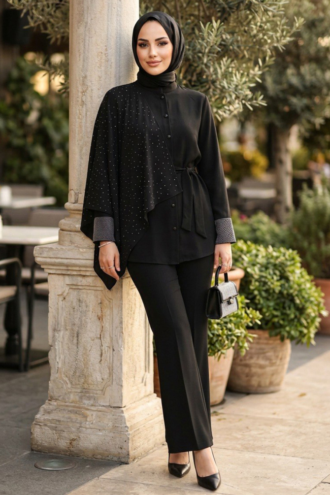 Crepe Stone Embroidered Pelerinli Black Two-Piece Set 95729S - 2
